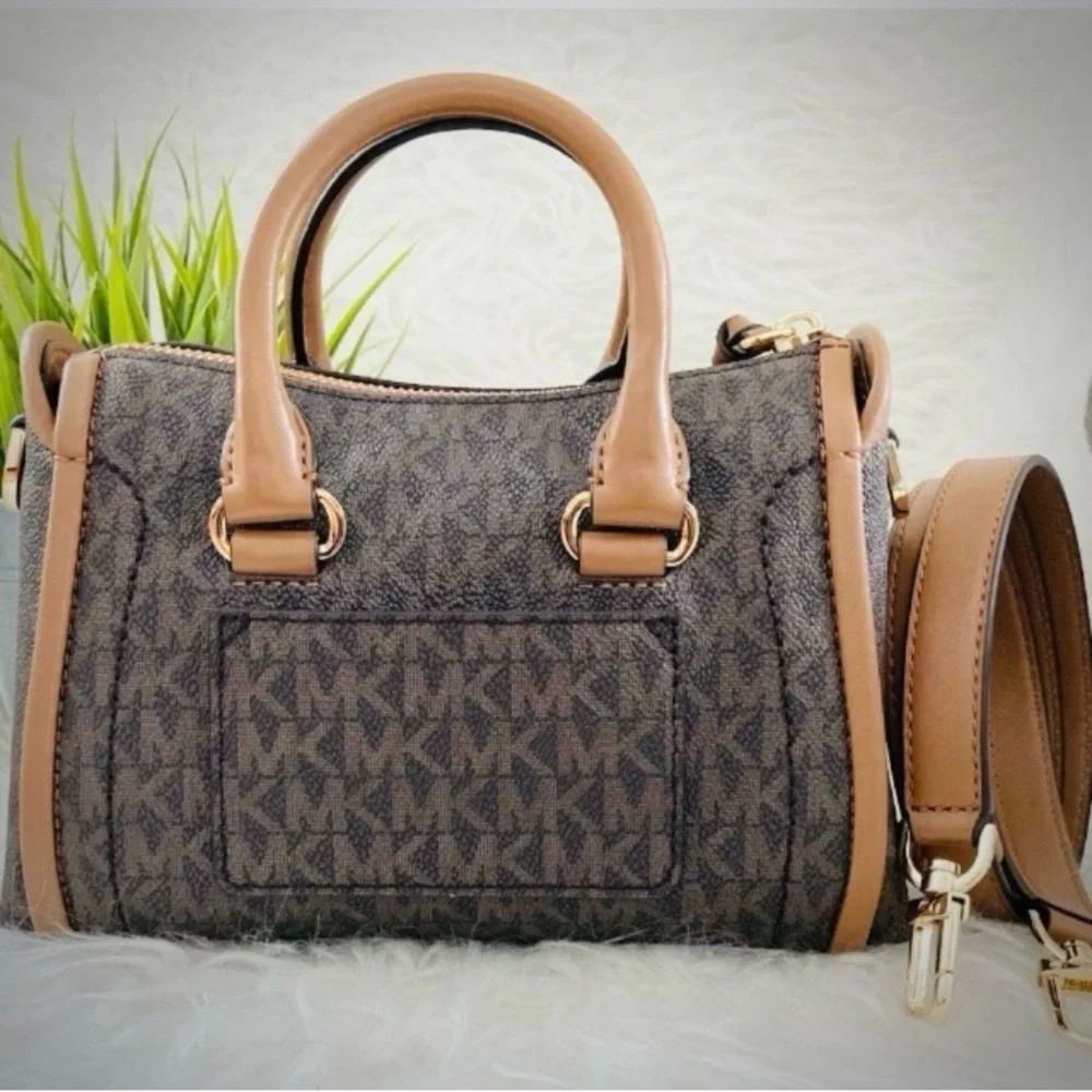 Michael Kors Carine Brown Monogram XS Satchel Crossbody Bag.